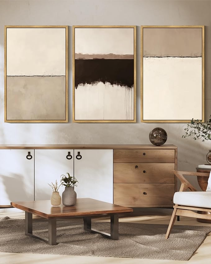 KUVIOKE Abstract Framed Wall Art Minimalist Beige Gray Pastel Watercolor Wall Decor Modern Illustration Neutral Art Painting Home Decor 16x24in (Natural Framed)