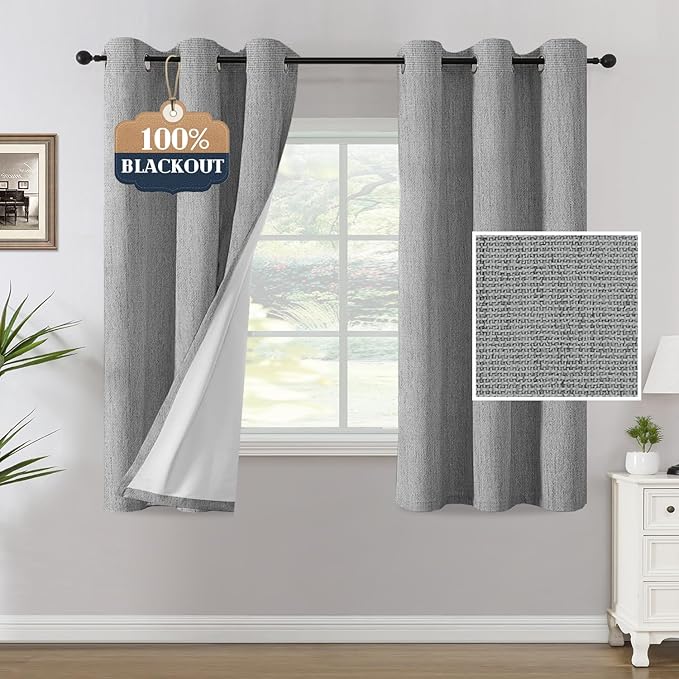 H.VERSAILTEX Chenille Linen Blackout Curtains for Bedroom Thermal Insulated Textured Linen Look Curtains with White Flocking Coating Back, 42" W x 63" L, Heathered Dove Gray(Not Solid)