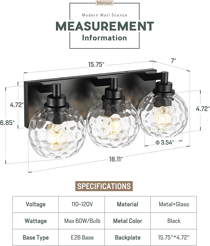 Bathroom Light Fixtures Over Mirror, 3-Light Matte Black Vanity Light with Clear Hammered Glass Globe Shade, Modern Sconces Wall Lighting for Bedroom Hallway, VL200-MB-3