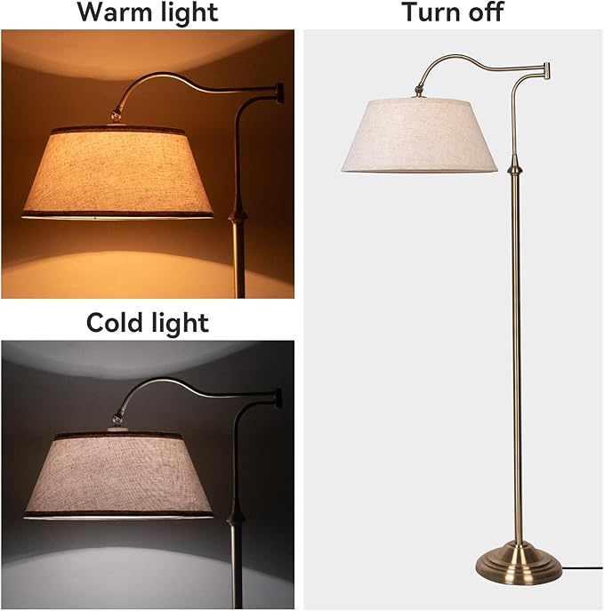 Swing Arm Floor Lamp, Brass Floor Lamps for Living Room with 180° Adjustable Cantilever, Beige Linen Lampshade, Mid Century Floor Lamp for Bedroom Office Home Nursery Study Room Hotel(Bronze)