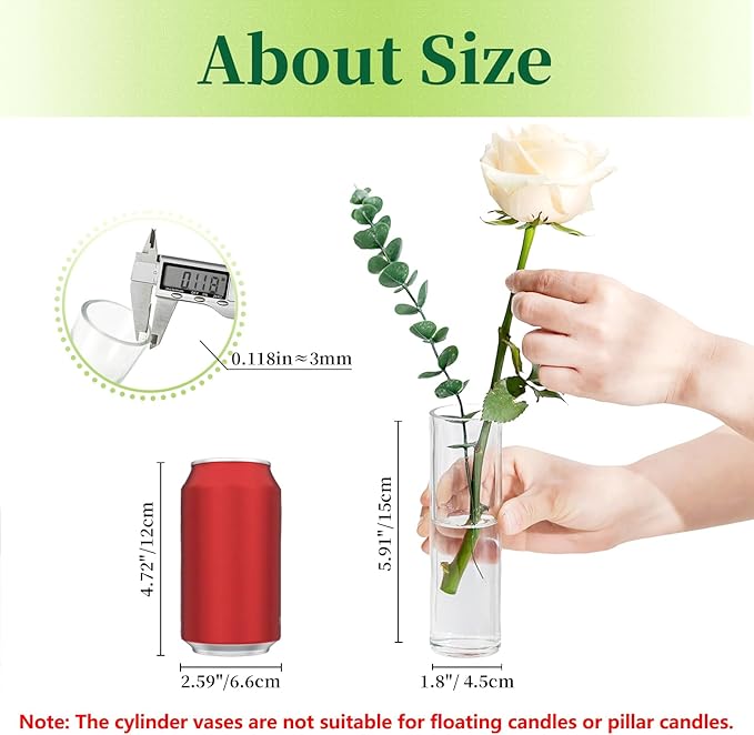 Hewory Cylinder Glass Bud Vases: Set of 24 Small Clear Skinny Single Flower Vase for Centerpieces - Minimalist Bulk Vases for Wedding Birthday Bridal Shower Party Events Table Decor, 5.91"(H)×1.8"(D)