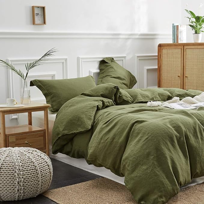 Simple&Opulence 100% Linen Pillow Case King Size Set of 2, Olive Green Pillow Covers with Overlap Closure, Luxury Breathable Pillowcases Protectors Suitable for All-Season (20" X 36", Olive Green)