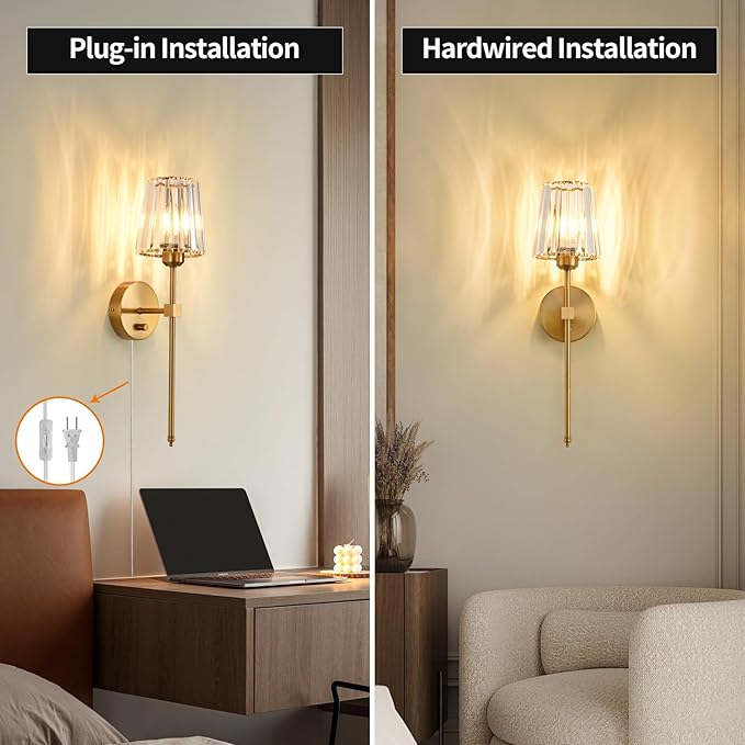 Crystal Wall Sconces Set of 2, Dimmable Wall Sconce with Plug in Cord and Dimmer Gold Plug in Wall Lamp Wall Mounted Light with Crystal Shade for Living Room Bedroom Vanity Light, Bulbs Included