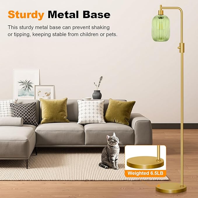 【Upgraded】 Dimmable Glass Floor Lamp for Living Room, Modern Gold Standing Lamp with Green Ribbed Glass Lampshade & Knob Dimmer, Arc Tall Lamp for Bedroom Office Reading Room, 2700K Led Bulb Included