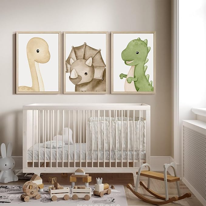 Dinosaur Wall Art Kids Boys Room Canvas Wall Decor Dino Nursery Wall Art Pictures Baby Dinosaur Poster Prints for Boys Bedroom Bathroom 12x16 Inch Wood Framed Set of 3