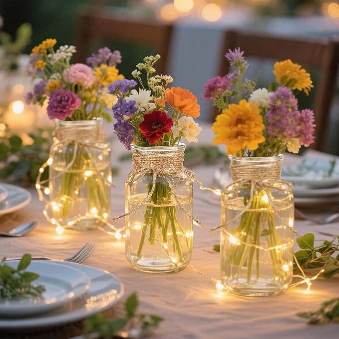 Vintage Glass Flower Vase Set of 8 Clear Vases with Hemp Rope for Farmhouse Wedding Centerpiece Cylinder Bottle for Reception Table Decoration Home Decor Floral Arrangements（Medium）