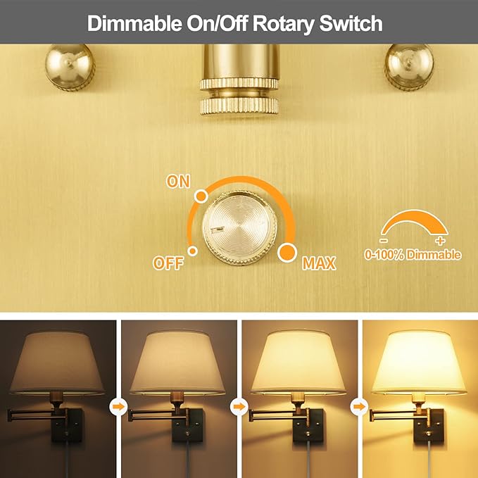 TRLIFE Dimmable Wall Sconce Plug in, Brushed Brass Wall Sconces Set of 2 Swing Arm Wall Lights with Plug in Cord and Dimmer On/Off Knob Switch, 11.8" Large White Fabric Shade(2 LED Bulbs Included)