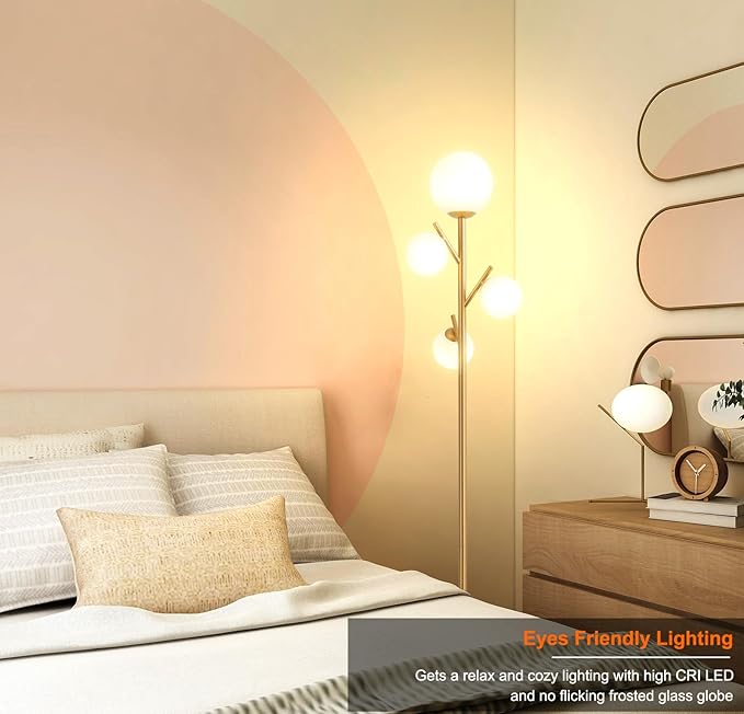 Fiqevs 4 Globe Gold Floor Lamp, Modern Sputnik Tree Standing Lamp with Frosted Glass Ball Lampshade & 3000K LED Bulbs, Mid Century Contemporary Tall Lamp for Living Room, Bedroom - Antique Brass