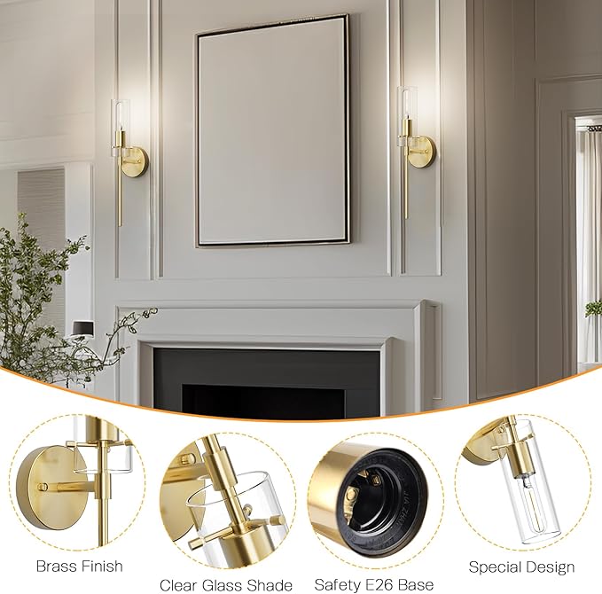 Wall Sconce Set of 2 Brass Wall Light, Farmhouse Vanity Light Fixture Modern Indoor Wall Light with Clear Glass Shade for Bathroom Bedroom Living Room Hallway Vanity