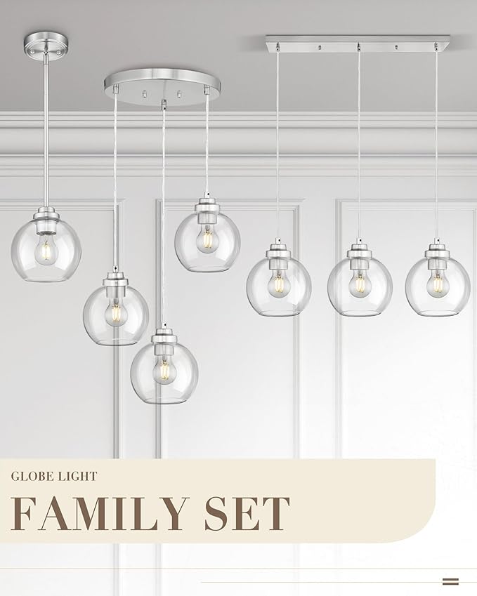 3-Light Globe Island Light, Linear Chandelier with Brushed Nickel Finish, Clear Glass Pendant Light Fixture for Dining Room Kitchen Island Living Room Pool Table, ZCPL101BN-3S