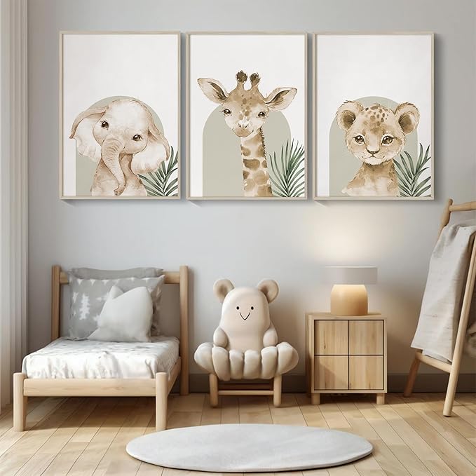 Animal Wall Art Pictures Baby Nursery Canvas Wall Art Decor Safari Animal Prints Jungle Kids Wall Art Woodland Nursery Wall Decor Giraffe Jungle Poster for Room 16x24 Inch Unframed Set of 3