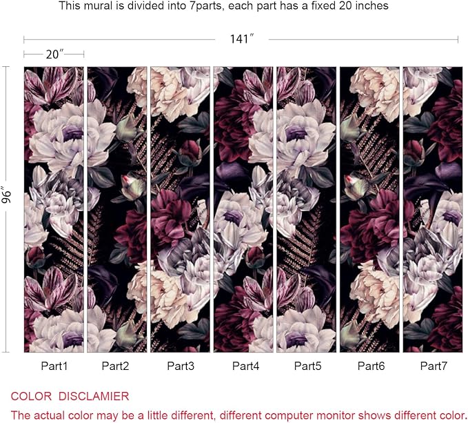 Floral Wallpaper Watercolor Dark Peony Flowers Mural Wallpaper for Bedroom Living Room (Not Peel n' Stick)