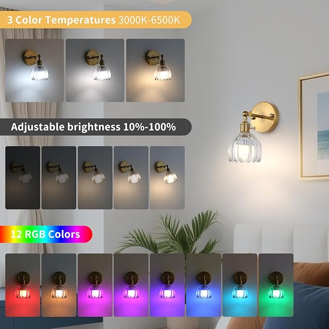 Battery Operated Wall Sconce Set of 2 with Translucent Floral Glass Shade Vintage Wireless Wall Light with Remote Control for, Living Room, Bedroom, Dressing Table Timer/Memory Function/Dimmer