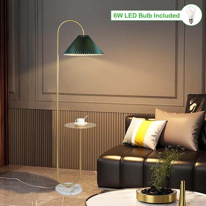 beaysyty Modern Elegant with Tray Floor Lamp for Office Cafe Den Living Room Bedroom, Foot Switch and Brass/Gold Finish,Dark Green Pleated Cloth Lampshade