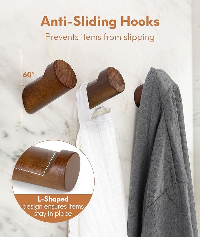 Wood Wall Hooks for Hanging, 8 Pack Hat Hook for Walls, Coat Hook Wall Mount, Backpack Hooks for Walls, Bathroom Towel Hanger (Walnut)