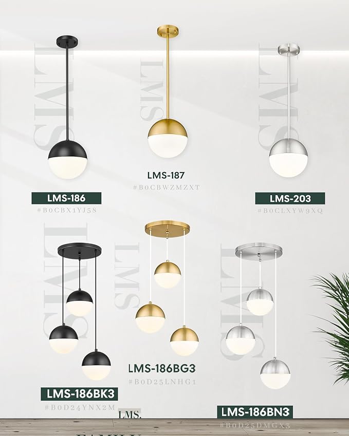 LMS 8-inch Black Pendant Lights Kitchen Island, Modern Globe Pendant Light with Frosted Glass, Contemporary Mid Century Hanging Light Fixture for Kitchen Island Sink Bedroom Bathroom, LMS-186