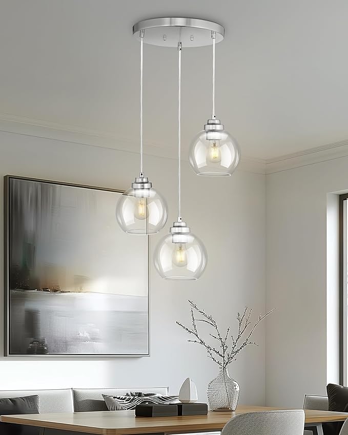 Globe Cluster Pendant Light, 3-Light Hanging Light Fixture with Brushed Nickel Finish, Clear Glass Kitchen Island Lighting for Dining Room Living Room Laundry Entrance Foyer, ZCPL101BN-3C