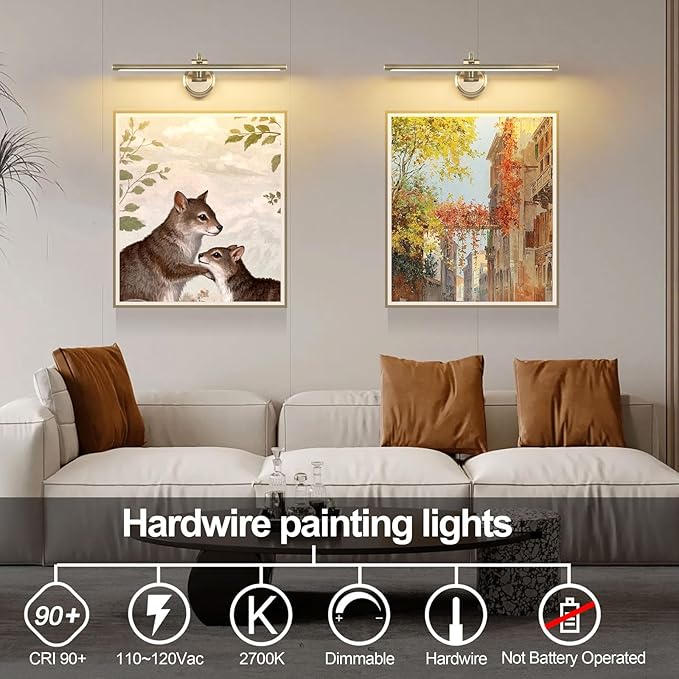 Hardwired Picture Light,24 Inch Dimmable Art Light for Paintings,14W,3000K Warm White,Antique Bronze Rotatable Picture Frame Lights for Wall Art,Gallery,Portrait,Dartboard,Mirror