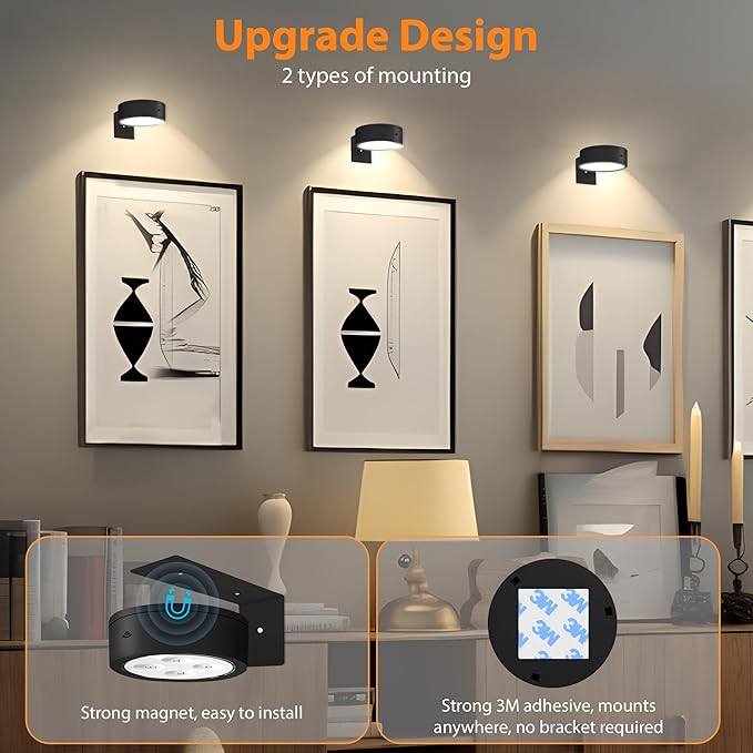 3Pcs Picture Lights for Wall, 13 RGB Color Magnetic Led Art Display Light for Picture Frame, Wireless Battery Operated Painting Light with Remote Control, Party Home Wall Decor Puck Lights, Black-RGB