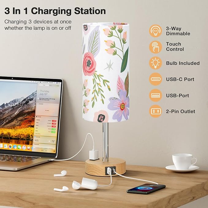 Floral Touch Lamp for Bedroom- 3 Way Dimmable Bedside Lamp USB C A Charging Ports and AC Outlet, Small Table Lamp Floral Linen Lampshade for Gift, LED Bulb Included