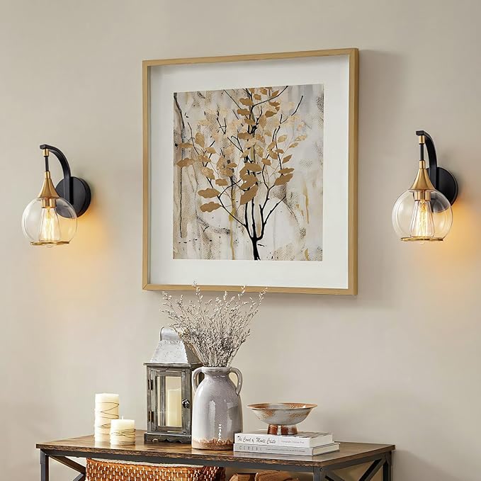 Indoor Wall Sconce, Black and Gold Wall Light Fixture with 4.9 Inches Clear Glass Shade, Bathroom Vanity Lights for Mirror, Bedroom, Hallway
