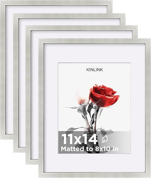 KINLINK 11x14 Picture Frame Set of 4, Wooden 14x11 Photo Frames with Plexiglass for 8x10 Picture with Mat or 11x14 Without Mat, Art Collage for Wall Gallery and Tabletop Display, 11 x 14 Frame Silver