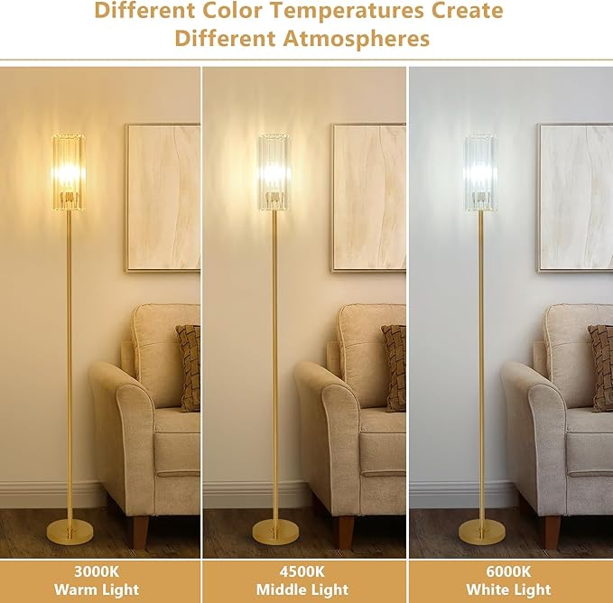 HMVPL Gold Floor Lamp for Living Room, Brass Pole Standing Lamp with K9 Crystal Shade, Modern Corner Standing Lamp for Bedroom with On/Off Switch, Elegant Crystal Tall Lamp for Office Kids Girls Room