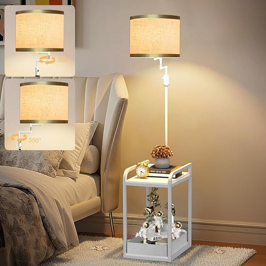 Lightdot 63IN Floor Lamps with Storage Table&Basket, Modern Standing Tall Lamps with Adjustable Fabric Lampshade and Movable&Fixed Casters, Coner End Table Lamp for Living Room/Bedroom/Office-White