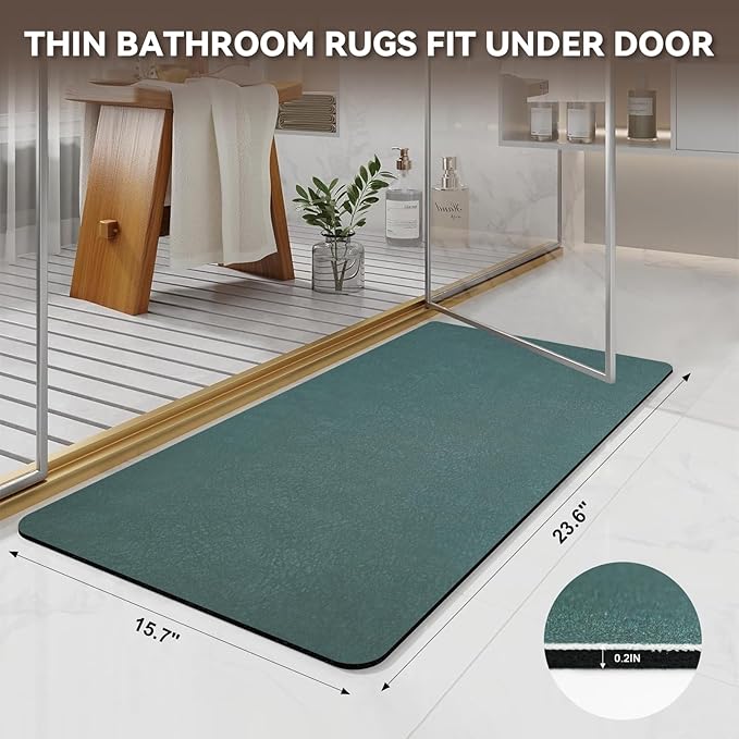 Diatomaceous Earth Bath mat Bathroom Rugs Super Absorbent Quick Dry Non Slip Bath Mat Thin Bathroom Floor Mats Fit Under Door-Shower Rug for in Front of Bathtub Shower, Green, 15.7"*23.6"