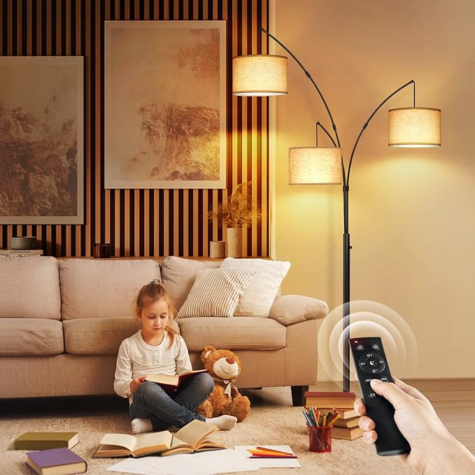 OUTON Arc LED Floor Lamp with Remote Control, Dimmable Modern Black 3 Light Arched Tall Floor Lamp, Mid Century Adjustable Standing Corner Lamps for Bedroom, Office, Living Room, Beige Lampshade