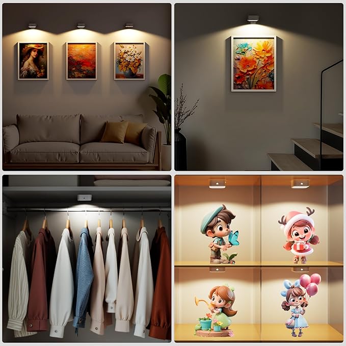 3 Pack Picture Lights for Wall, Rechargeable Battery Operated Wall Lights, Picture Frame Lights with 3 Lighting Modes, Wireless Magnetic Painting Light with Remote Control Timer (White, 3 Pack)