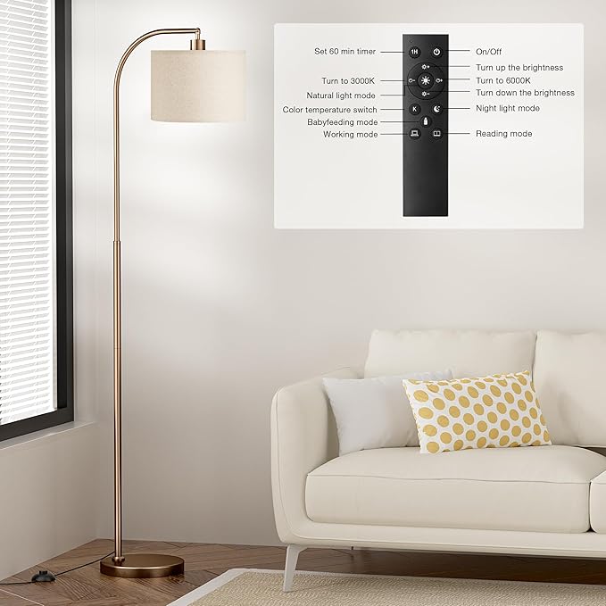 Arc Floor Lamp with Remote and Stepless Dimmable Bulb, Colors Temperature & Brightness Adjustable, Floor Lamps for Living Room（Deep Beige Shade & Brown Pole）