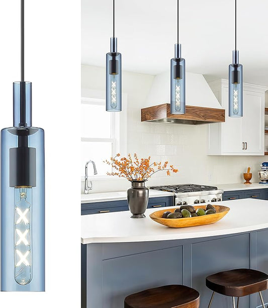 AUTELO Blue Pendant Lights, 1-Light Modern Pendant Lights Kitchen Island, Pendant Lighting with Navy Blue Glass, Linear Hanging Light in Metal Frame for Kitchen Island, Dining Room, H3875 BU