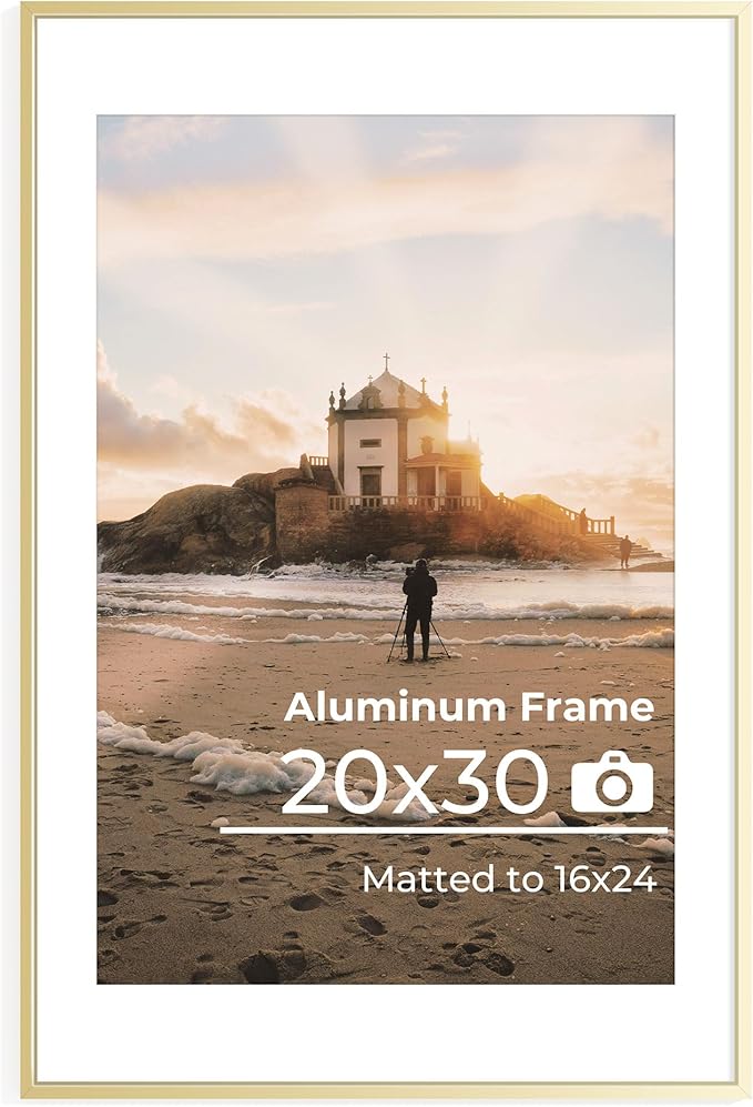 20x30 Aluminum Picture Frame, 20x30 Golden Metal Frame with Mat for 16x24 Photo, Wall Mounting or Tabletop Display, Poster Frame Sawtooth Picture Hangers Included for Home Wall Decor, Set of 1