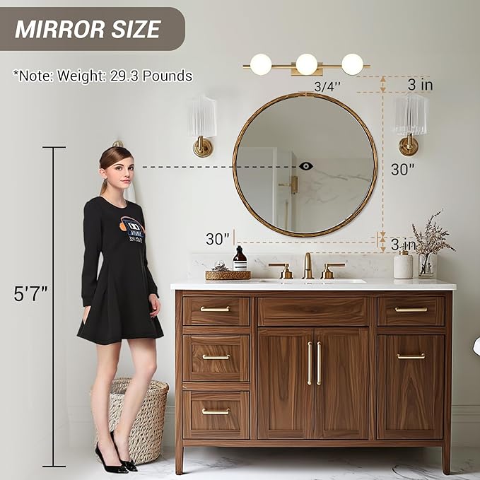 ANDY STAR 30 Inch Hand-Forged Round Gold Mirrors, Metal Frame Bathroom Round Wall Mirror for Over Sink, Large Vanity Circle Mirror for Antique, Vintage, Farmhouse, Rustic