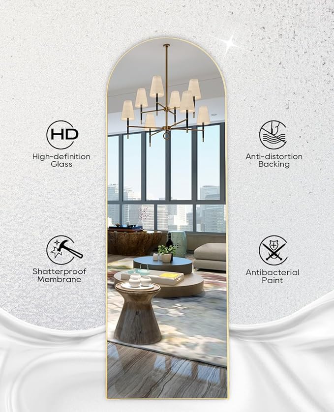 Floor Mirror, 64"x21" Gold Full Length Mirror, Arched Mirror Full Length, Freestanding Mirrors, Arch Floor Length Mirrors with Thin Aluminum Frame Hanging or Leaning, Wall Mounted Mirror for Bedroom