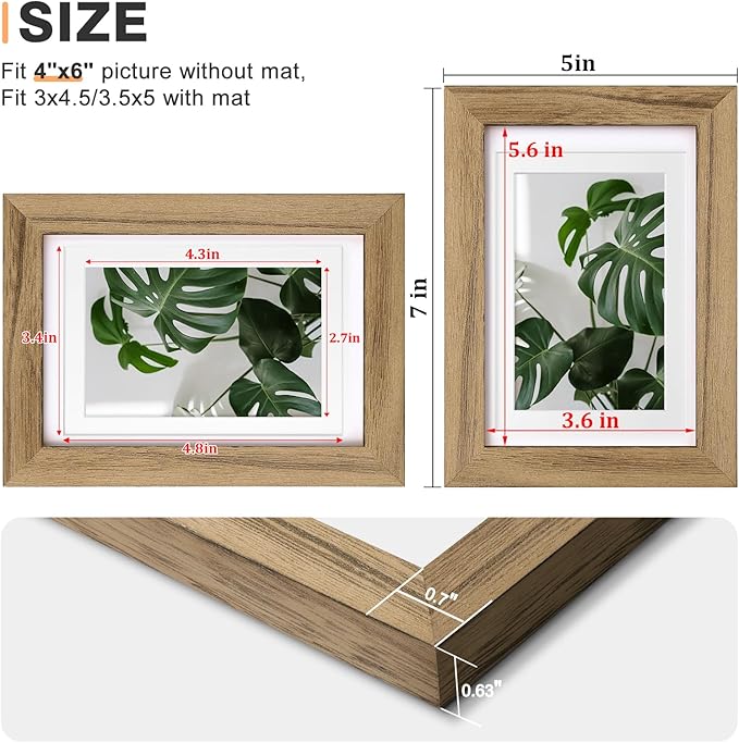 Egofine 4x6 Picture Frames with Plexiglass, Display Pictures 3.5x5 with Mat or 4x6 Without Mat Set of 4 for Tabletop and Wall Mounting, Carbonized Brown
