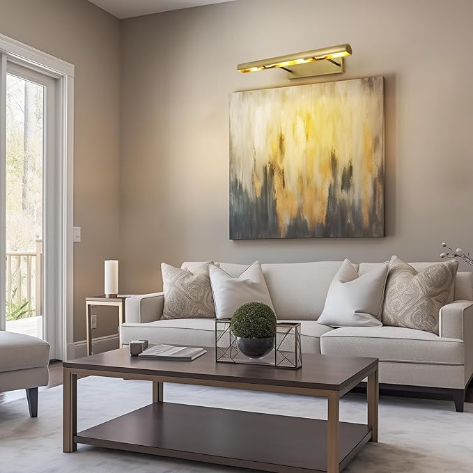 Brass Picture Lights for Wall, 30" Linear Picture Light Hardwired, 4-Light Brush Gold Art Light, Dimmable Gallery Light for Paintings, Warm White 270° Picture Frame Lights for Bathroom, Living Room