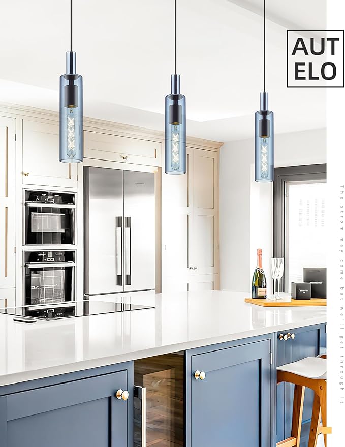 AUTELO Blue Pendant Lights, 1-Light Modern Pendant Lights Kitchen Island, Pendant Lighting with Navy Blue Glass, Linear Hanging Light in Metal Frame for Kitchen Island, Dining Room, H3875 BU