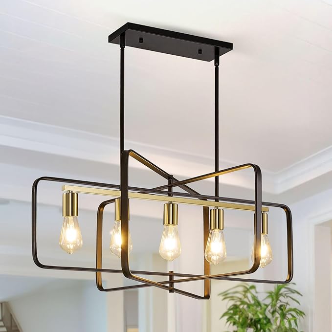 Black and Gold Farmhouse Chandeliers for Dining Room, 5-Light Kitchen Island Lighting, Rustic Rectangle Linear Pendant Lights, Large Dining Room Light Fixture/High Ceiling Chandelier Over Table