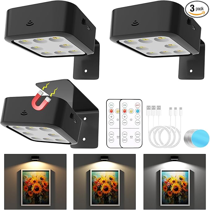 3 Pack Picture Lights for Wall, Rechargeable Battery Operated Wall Lights, Picture Frame Lights with 3 Lighting Modes, Wireless Magnetic Painting Light with Remote Control Timer (Black, 3 Pack)