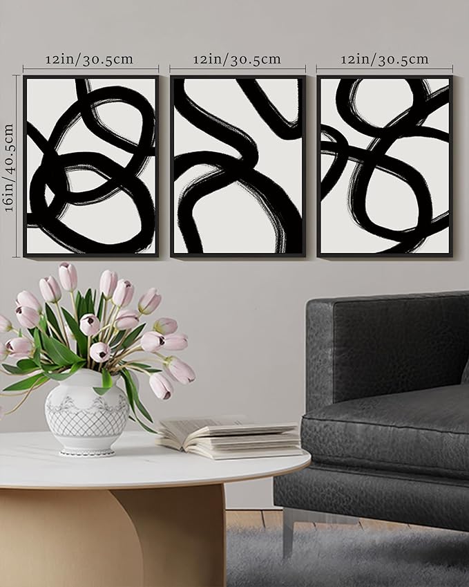 KUVIOKE Black and Wahite Abstract Framed Wall Art Ink Wash Minimalist Lines Painting Artwork for Bedroom Hallway 12x16in (Black Framed)