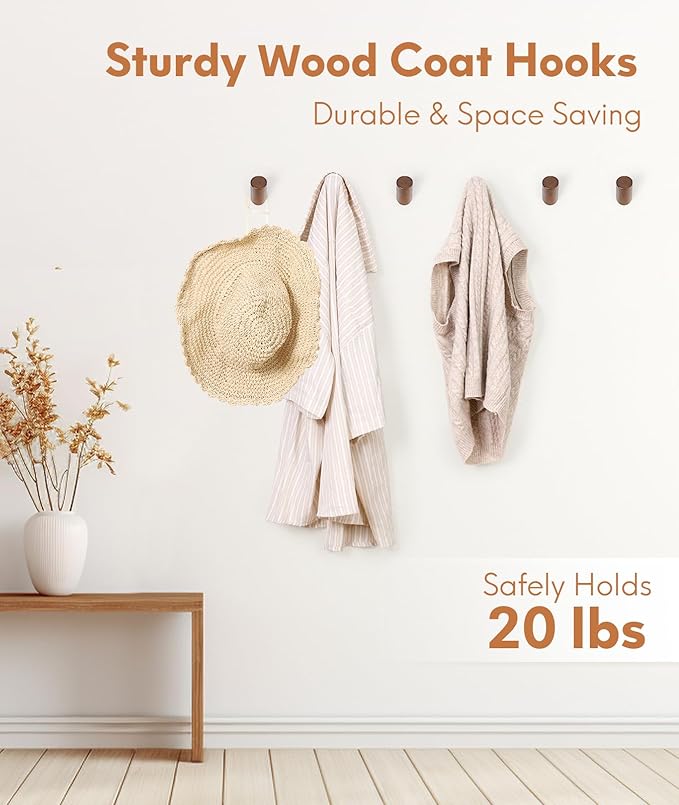 Wood Wall Hooks for Hanging, 8 Pack Hat Hook for Walls, Coat Hook Wall Mount, Backpack Hooks for Walls, Bathroom Towel Hanger (Walnut)