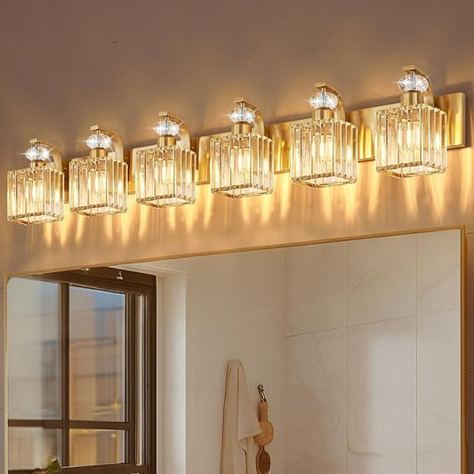 Modern Bathroom Vanity Light, 6-Light Gold Bathroom Lighting Fixtures Over Mirror, 44.1" Crystal Wall Light Sconce for Bathroom/Bedroom/Vanity, Includes LED Bulbs, Easy Installation