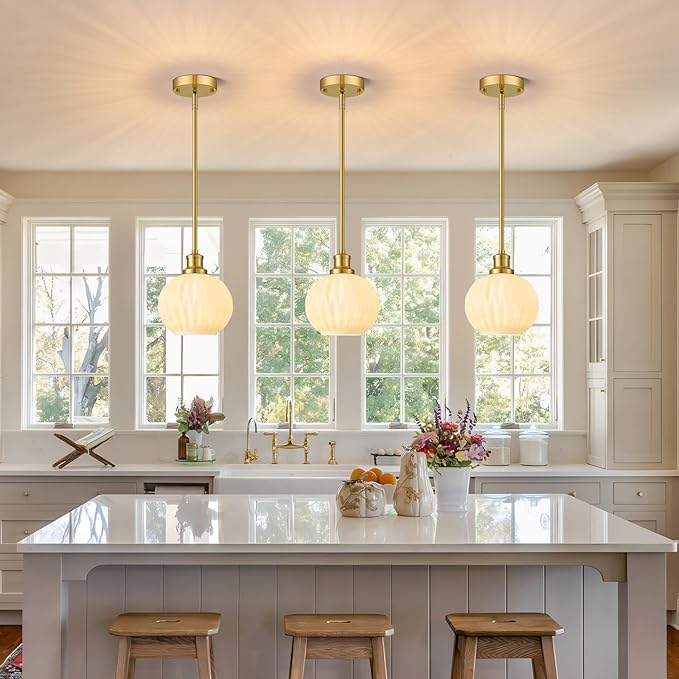 Milk Glass Pendant Lights Kitchen Island, 1-Light 7.1" Brushed Gold Modern Pendant Light Fixtures with Rods, Globe Hanging Lighting for Kitchen Sink Bathroom Dining Room, E26 Base