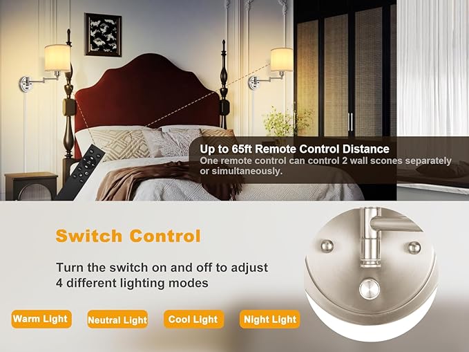 Plug in Wall Sconces with Remote Control, Dimming & Adjustable Colors 2700K-6500K, Hardwire or Plug-in, Swing Arm Wall Lamp with White Fabric Shade, Wall Sconces Set of Two, Brushed Nickel Finish