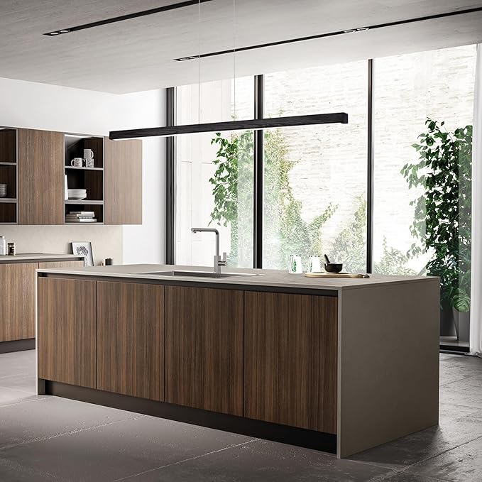 71 Inch LED Linear Pendant Light Black Wood LED Kitchen Island Lighting Dimmable Ceiling Hanging Chandeliers for Dining Room Living Room Bar Pool Table 40W Modern Farmhouse Fixture Black Wood Finish