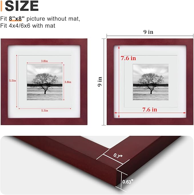 Egofine 8x8 Picture Frames 4 Pack for Picture 4x4 with Mat or 8x8 whitout Mat Made of Solid Wood Covered by Plexiglass for Table Top Display and Wall Mounting Photo Frame, Cherry Red