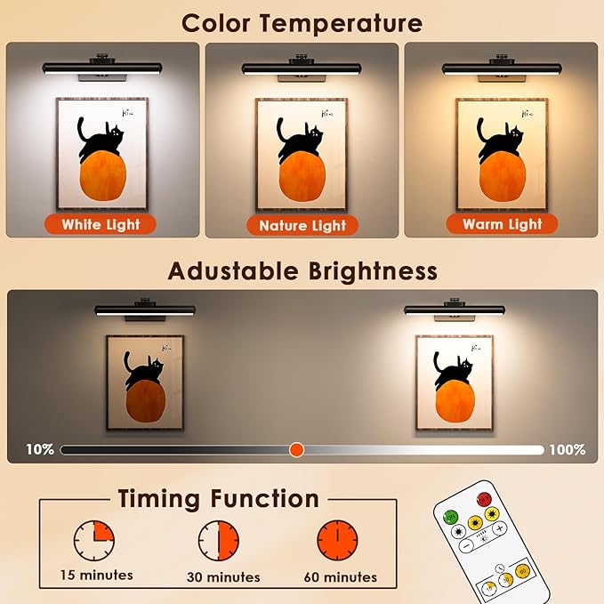 Picture Light for Wall with Remote, Wireless Battery Operated Wall Lights with 3 Colors Dimmable & Timer, 12.6" Rechargeable Metal Wall Sconce for Living Room, Artwork Gallery Display, Black 1Pack