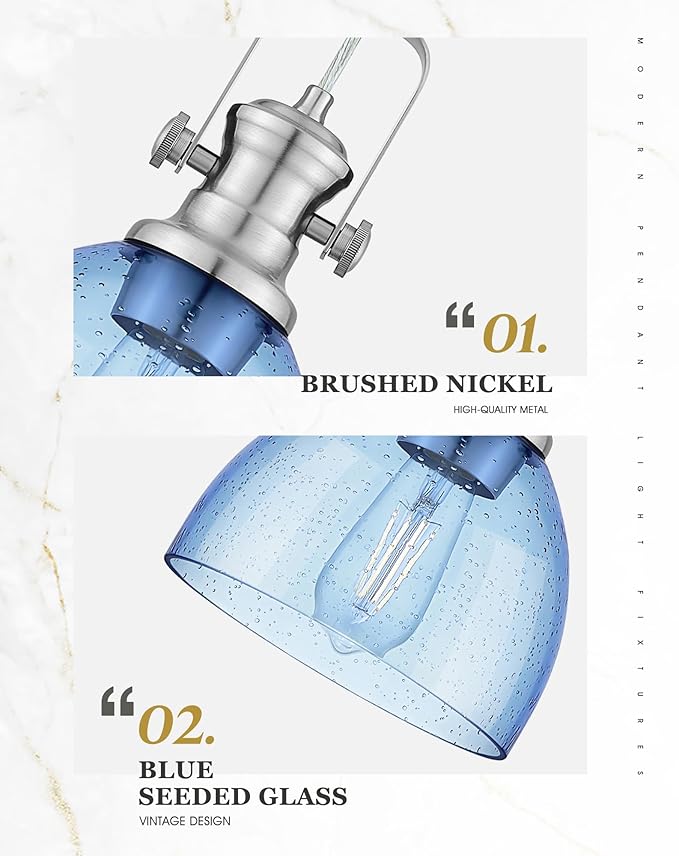 2 Pack Pendant Lights Kitchen Island, 7.5" Farmhouse Pendant Lighting with Blue Seeded Glass Shade, Vintage Hanging Light Fixtures for Dining Room, Brushed Nickel Finish, AD-22151-1P2-SN-BL